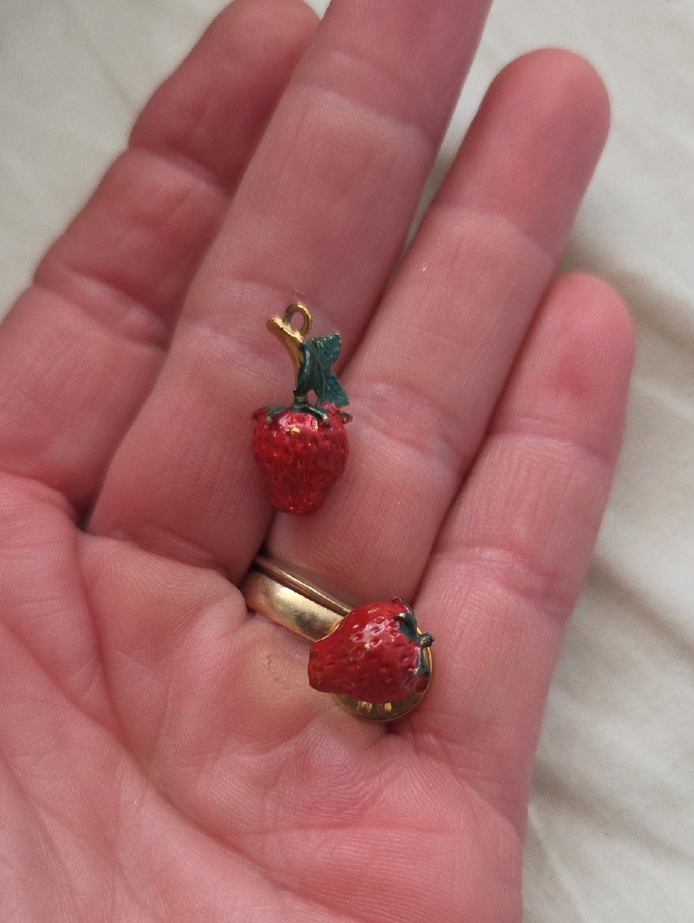 Vintage Strawberry Charm Pendant and Pin Set - Gold Tone, Red Green